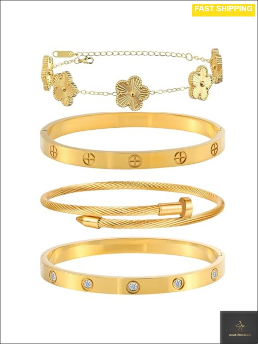 18K Gold Plated Stainless Steel Floral Bangle Bracelet Set 4pc